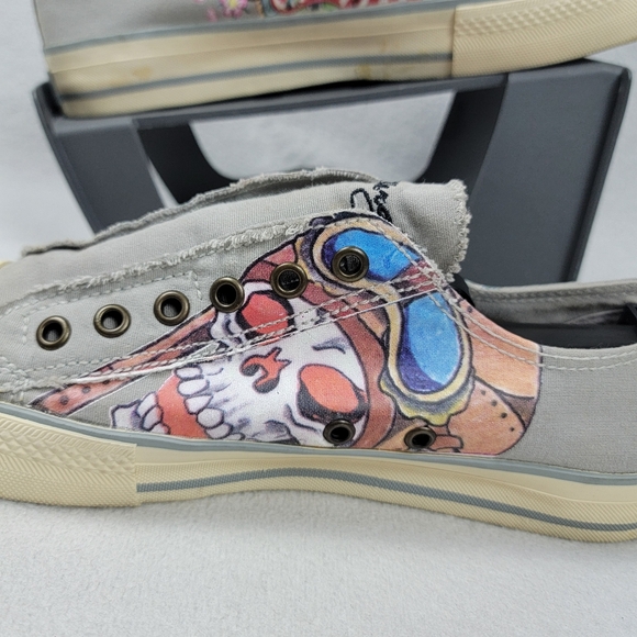 Ed Hardy Laceless Sneakers Men's Shoes Size 9 Gray Slip-On Skulls Japanese Sun - Picture 5 of 14